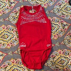 GK Red Sleeveless Leotard with Rhinestone Design
